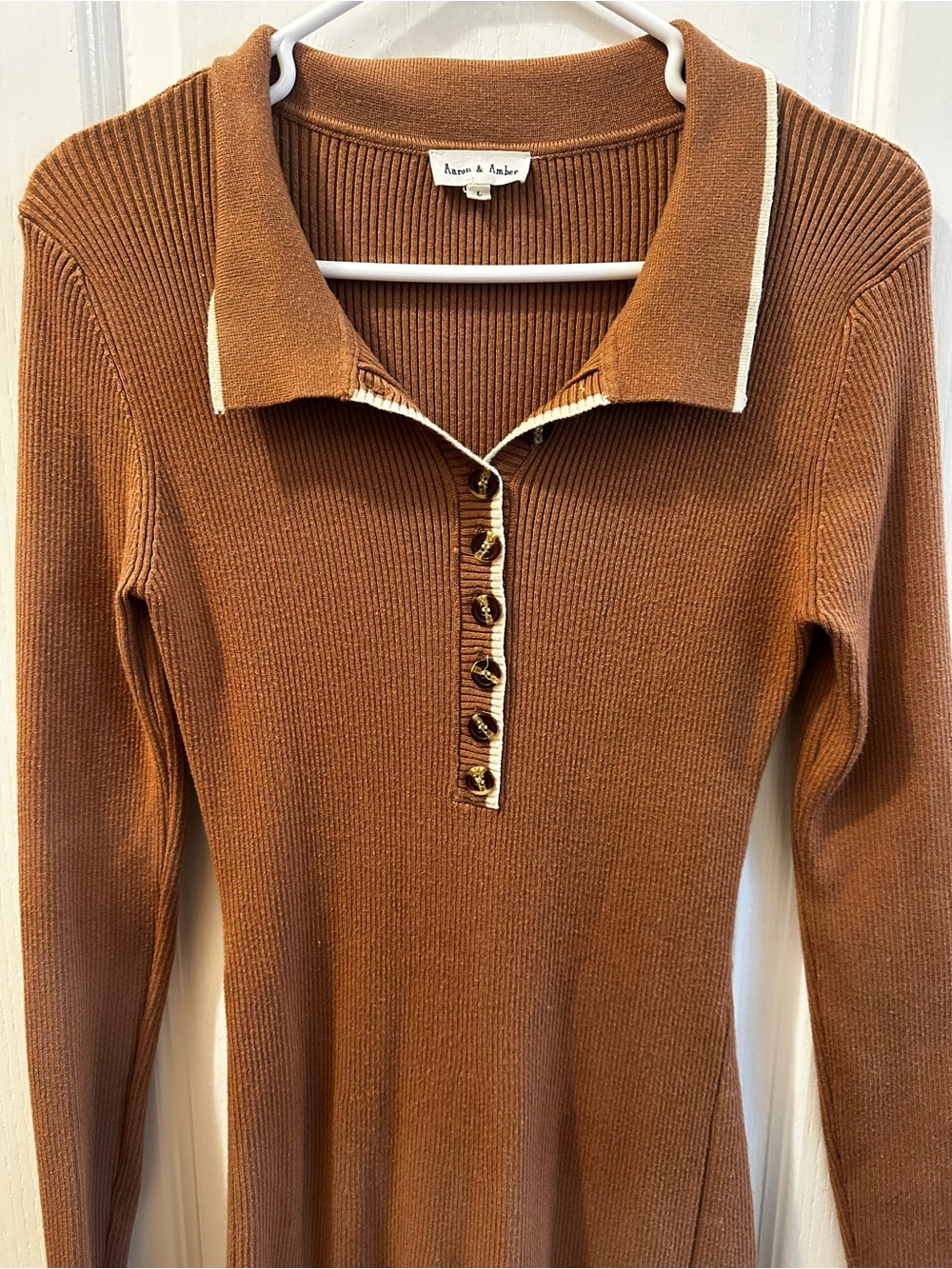 Aaron & Amber Brown Ribbed Knit Polo Maxi Dress Contrast Trim L